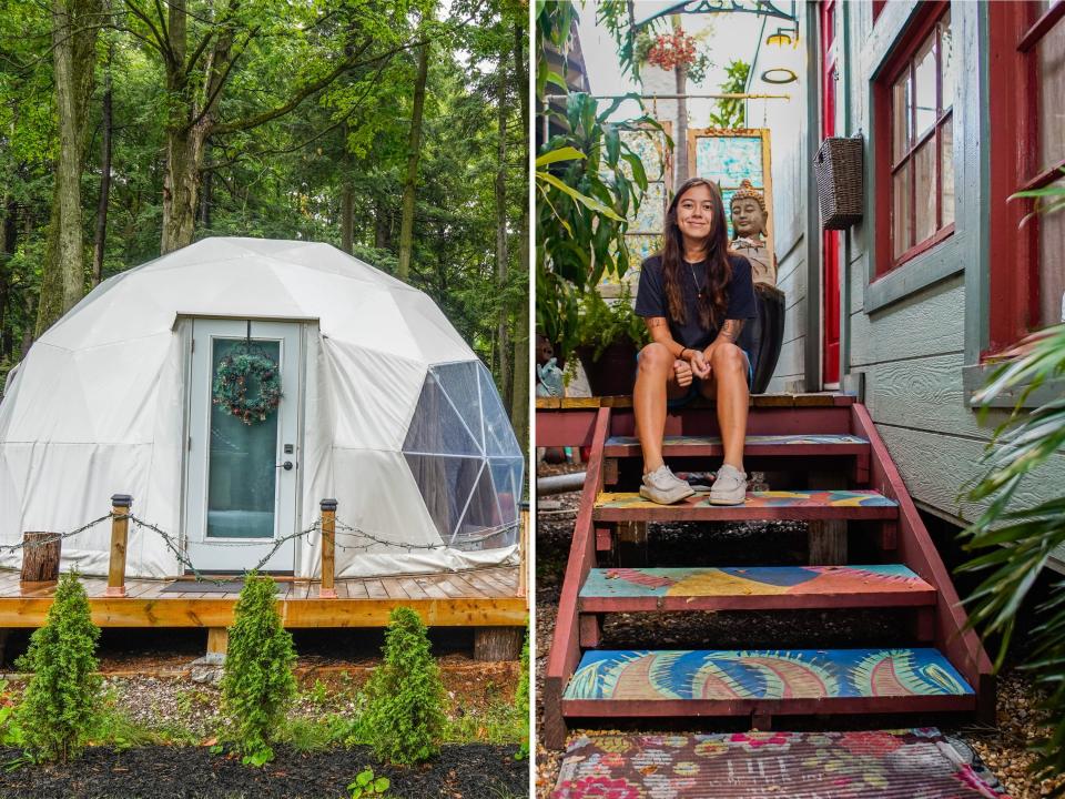 The author stays in tiny homes in Ontario, Canada, left, and Florida.