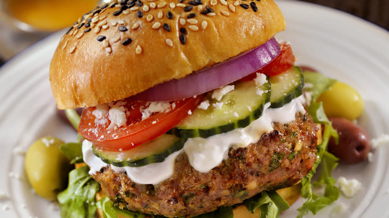 lamb burger with feta and tzatziki