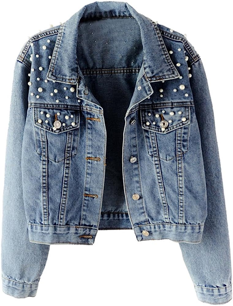 product photo of LifeShe Women's Embroidered Pearl Denim Jean Jacket