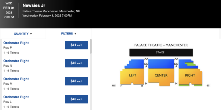 This webpage belongs to a ticket reseller, not the Palace
Theatre, which had the same seats available for $15.