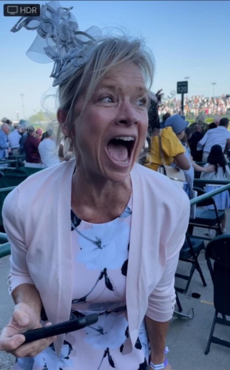 Breeder Gail Rice reacted after Medina Spirit hit the finish line first to win the 147th Kentucky Derby on Saturday.