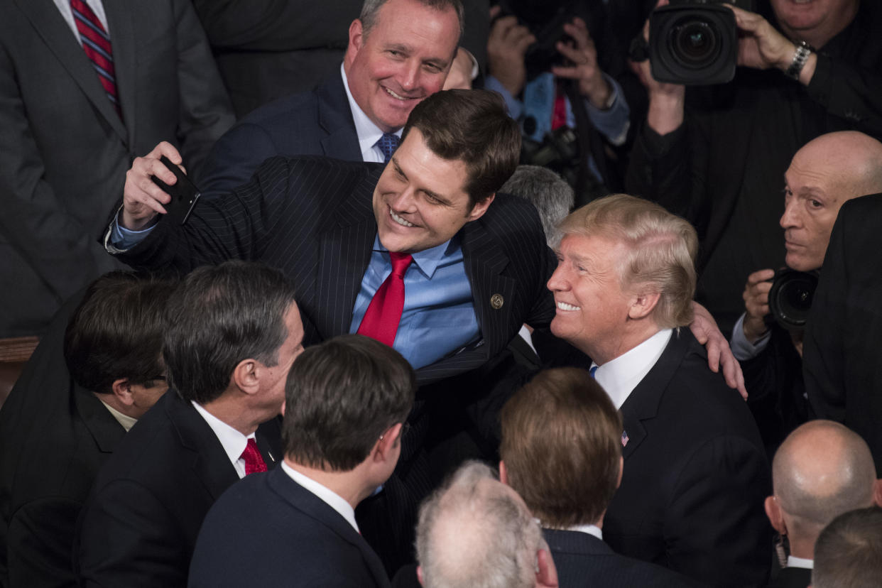 UNITED STATES - JANUARY 30: President Donald Trump takes a selfie with Rep. Matt Gaetz, R-Fla., in the House chamber after Trump's State of the Union address to a joint session of Congress on January 30, 2018. (Photo By Tom Williams/CQ Roll Call) (Photo: Tom Williams via Getty Images)