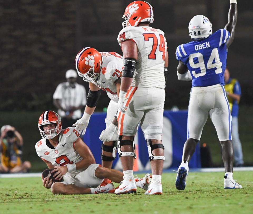 Clemson quarterback Cade Klubnik (2) is sacked by Duke University defensive end RJ Oben (94) during the second quarter of the season opening game at Wallace Wade Stadium in Durham, N.C. Monday, Sept 4, 2023.