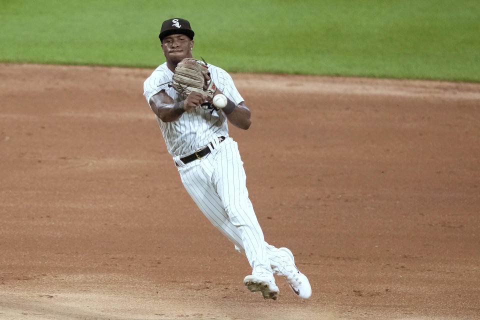 Chicago White Sox shortstop Tim Anderson throws out Oakland Athletics' Zack Gelof at first during the fifth inning of a baseball game Thursday, Aug. 24, 2023, in Chicago. (AP Photo/Charles Rex Arbogast)