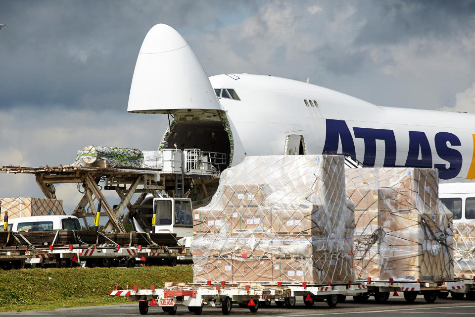 An Atlas Air Boeing 747-8 cargo plane is loaded with freight for Zhengzhou Airport in Lautzenhausen, Germany, in May 2014.<span class="copyright">Thomas Frey—picture alliance/Getty Images</span>