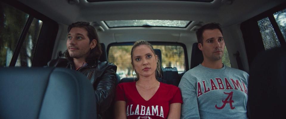 Bryce (James Maslow, right) and Madison (Ciara Hanna) have their weekend away upended by her on-again, off-again rock-star boyfriend (Zebedee Row, left) in the romantic comedy "Stars Fell on Alabama."