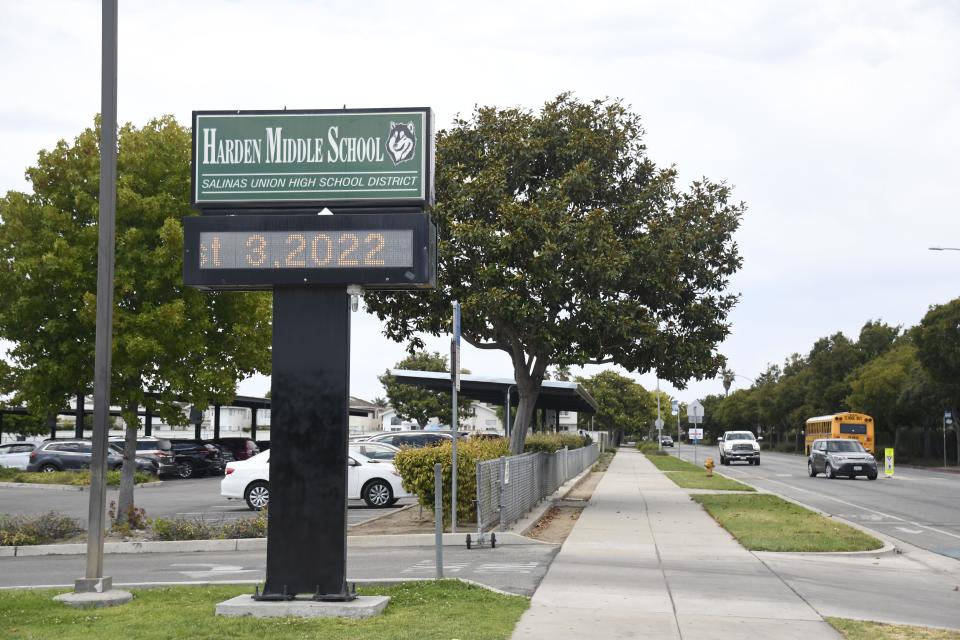 A Harden Middle School sign stands outside the school's entrance in Salinas, Calif.