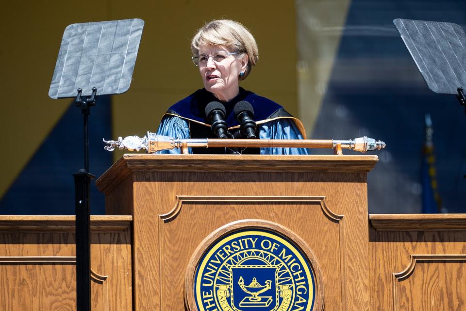 U-M president Mary Sue Coleman speaks during the Comeback Commencement for the Class of 2020 and 2021 at the Michigan Stadium in Ann Arbor on Saturday, May 7, 2022.