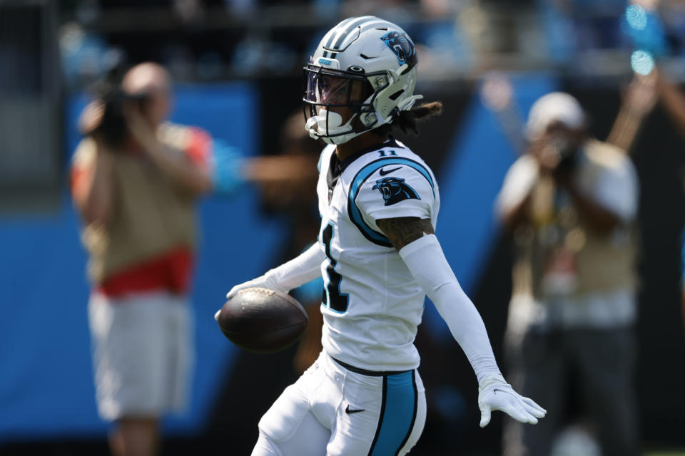 Carolina Panthers wide receiver Robby Anderson celebrates after scoring against the New York Jets during the first half of an NFL football game Sunday, Sept. 12, 2021, in Charlotte, N.C. (AP Photo/Nell Redmond)