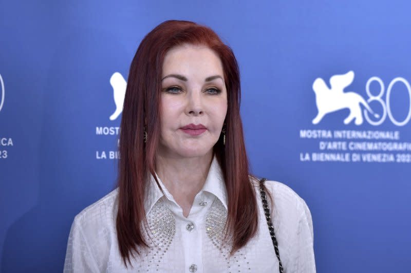 Priscilla Presley attends a photocall for the movie "Priscilla" at the 80th Venice International Film Festival in Italy on Monday. Photo by Rocco Spaziani/UPI