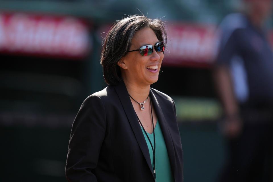 Miami Marlins general manager Kim Ng reacts before the game against the Los Angeles Angels at Angel Stadium in 2002.