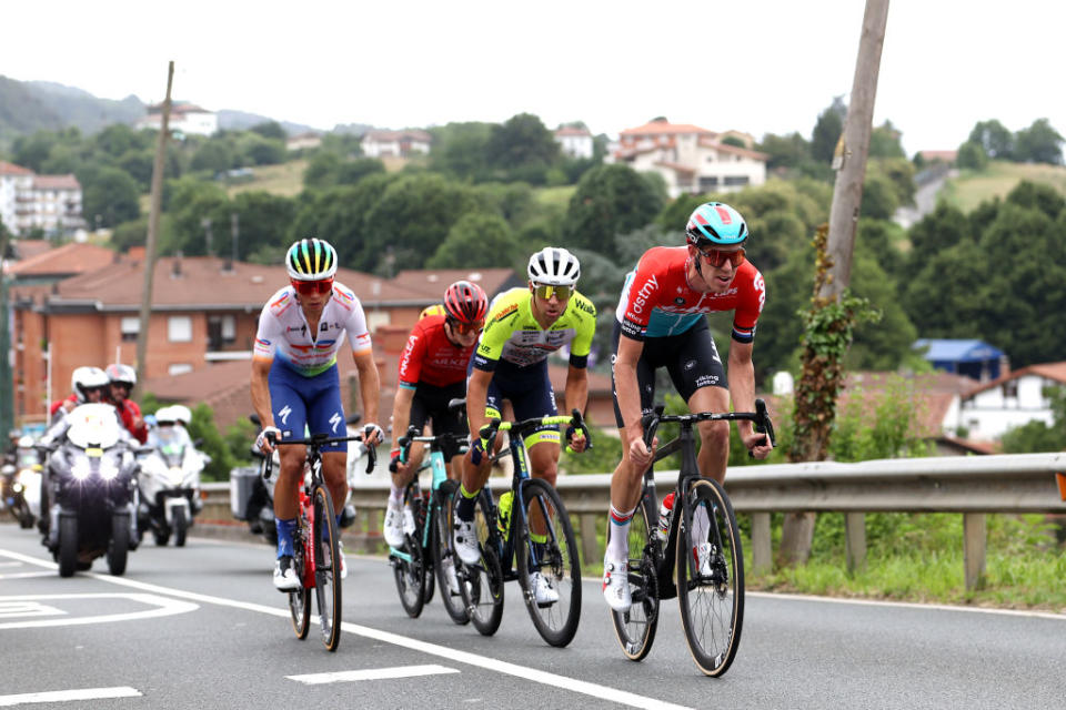 BILBAO SPAIN  JULY 01 LR Valentin Ferron of France and Team TotalEnergies Simon Guglielmi of France and Team ArkaSamsic Lilian Calmejane of France and Team IntermarchCircusWanty and Pascal Eenkhoorn of The Netherlands and Team Lotto Dstny compete in the breakaway during the stage one of the 110th Tour de France 2023 a 182km stage from Bilbao to Bilbao  UCIWT  on July 01 2023 in Bilbao Spain Photo by Michael SteeleGetty Images