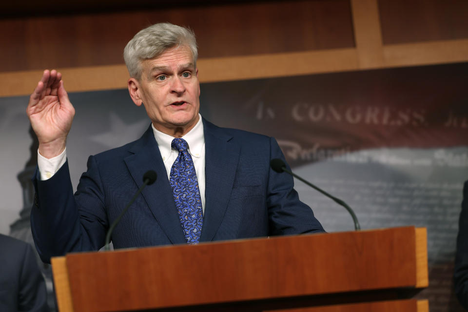 WASHINGTON, DC - JUNE 14: U.S. Sen. Bill Cassidy (R-LA) speaks at a press conference on student loans at the U.S. Capitol  on June 14, 2023 in Washington, DC. The Senator spoke on legislation that would curb the increasing cost of higher education and would attempt to lower the amount of debt students take on. (Photo by Kevin Dietsch/Getty Images)