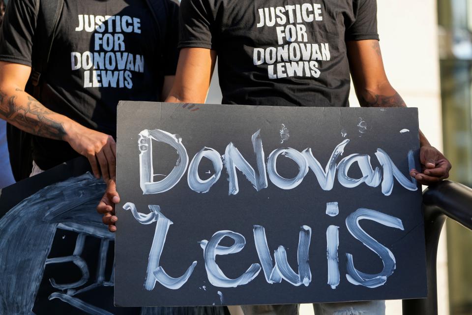 Protesters gather outside Columbus Division of Police headquarters following the death of Donovan Lewis, the 20-year-old man fatally shot by a Columbus police officer on Aug. 22, 2022.