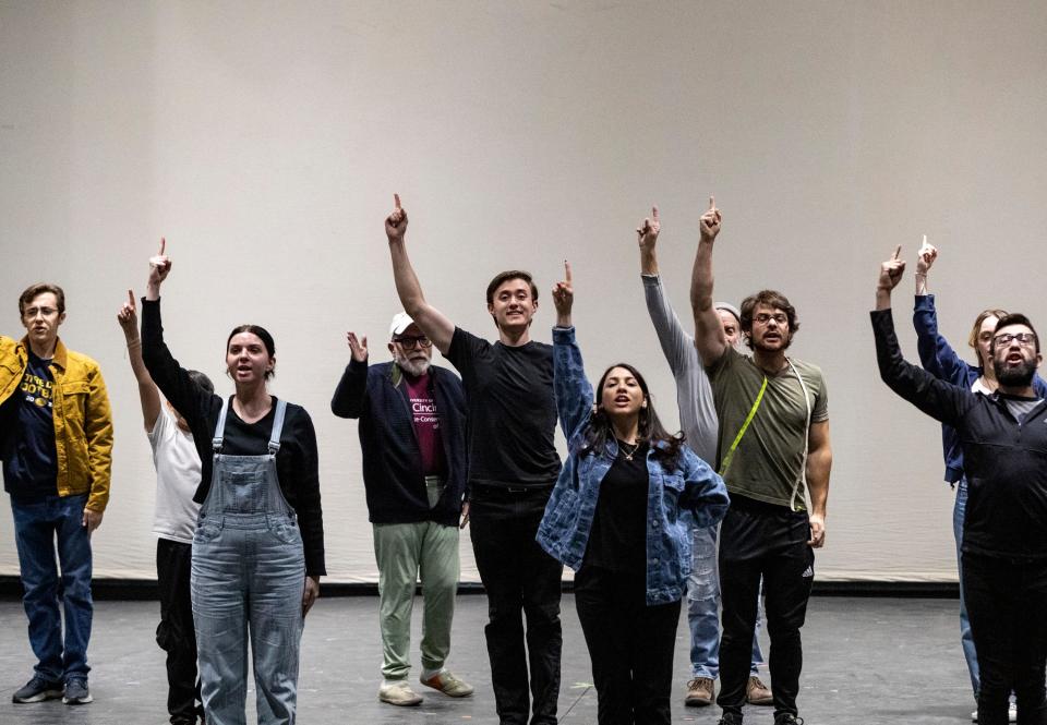 Actors perform the opening number, "Tradition," during a rehearsal for "Fiddler On The Roof" at the Rancho Mirage Amphitheater in Rancho Mirage, Calif., Tuesday, Feb. 27, 2024.