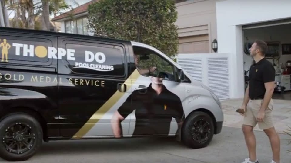 Ian Thorpe has launched a bizarre advertisement promoting his new business venture, a premium pool cleaning business. Photo: Optus