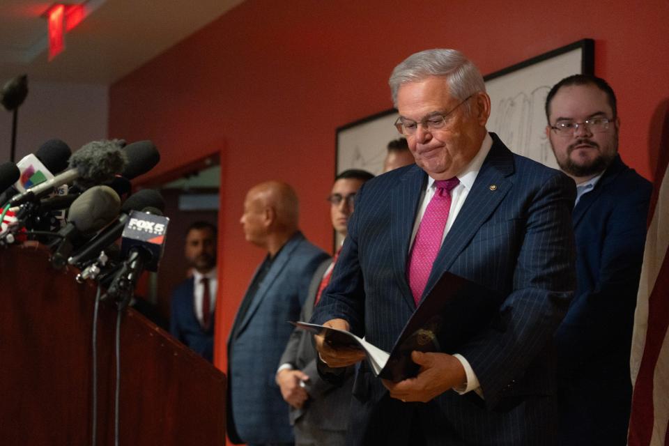 Days after being indicted by the U.S. Attorney's Office on bribery charges, U.S. Sen. Bob Menendez, of New Jersey, announces his reelection bid at a press conference at Hudson County Community College in Union City, N.J., on Monday Sept. 25, 2023.