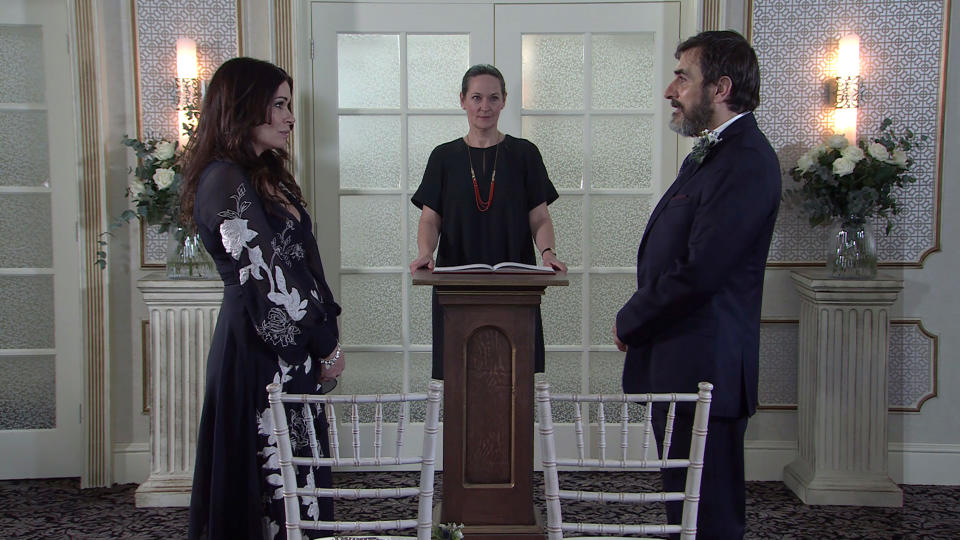 FROM ITV

STRICT EMBARGO - No Use Before Tuesday 6th April 2021

Coronation Street - Ep 1030102

Friday 16th April 2021 

Peter Barlow [CHRIS GASCOYNE] and Carla Connor [ALISON KING] read out their own vows but itâ€™s clear Peterâ€™s struggling and Carla urges the registrar to speed up proceedings. Will they manage to become man and wife? 

Picture contact David.crook@itv.com 

This photograph is (C) ITV Plc and can only be reproduced for editorial purposes directly in connection with the programme or event mentioned above, or ITV plc. Once made available by ITV plc Picture Desk, this photograph can be reproduced once only up until the transmission [TX] date and no reproduction fee will be charged. Any subsequent usage may incur a fee. This photograph must not be manipulated [excluding basic cropping] in a manner which alters the visual appearance of the person photographed deemed detrimental or inappropriate by ITV plc Picture Desk. This photograph must not be syndicated to any other company, publication or website, or permanently archived, without the express written permission of ITV Picture Desk. Full Terms and conditions are available on  www.itv.com/presscentre/itvpictures/terms