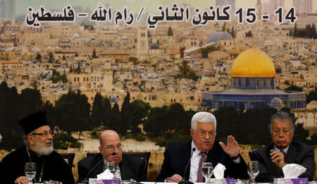 REFILE - CHANGING NAME OF BODY Palestinian President Mahmoud Abbas speaks during the meeting of the Palestinian Central Council in the West Bank city of Ramallah January 14, 2018. REUTERS/Mohamad Torokman