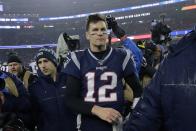 New England Patriots quarterback Tom Brady leaves the field after losing an NFL wild-card playoff football game to the Tennessee Titans, Saturday, Jan. 4, 2020, in Foxborough, Mass. (AP Photo/Charles Krupa)