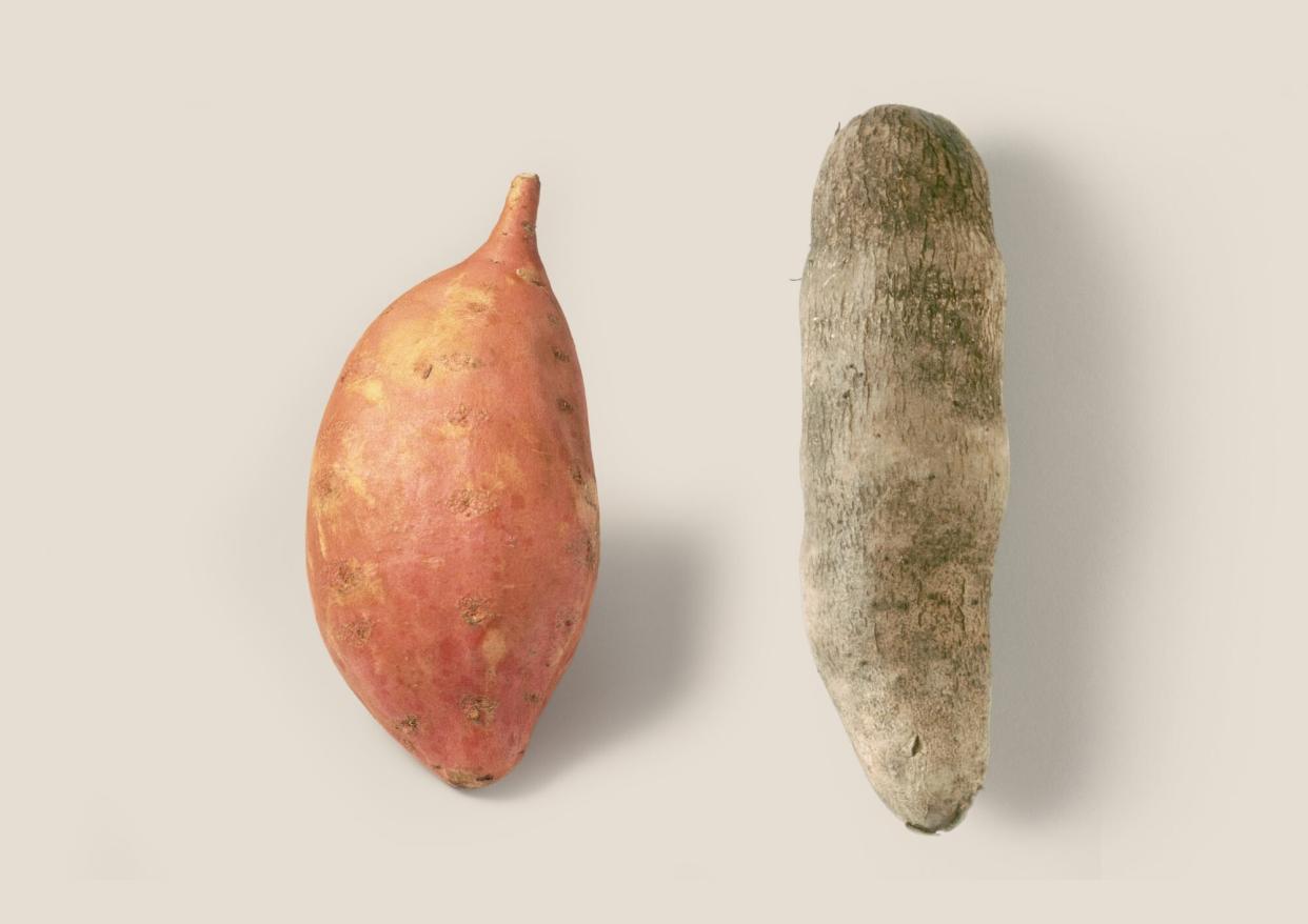 sweet potato next to yam on tan background