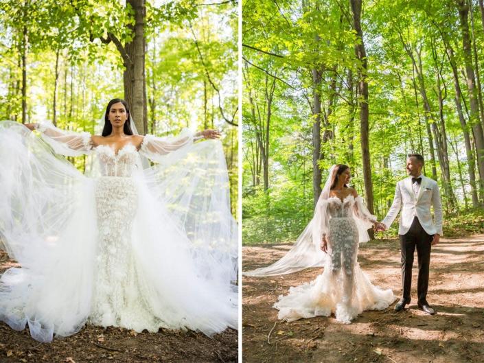 A side-by-side of a bride in her wedding dress and the bride and her groom walking through a forest.