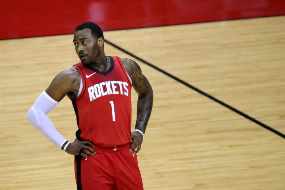 John Wall #1 of the Houston Rockets looks on during the first quarter of a game against the Chicago Bulls at the Toyota Center on February 22, 2021 in Houston, Texas. NOTE TO USER: User expressly acknowledges and agrees that, by downloading and or using this photograph, User is consenting to the terms and conditions of the Getty Images License Agreement. (Photo by Carmen Mandato/Getty Images)