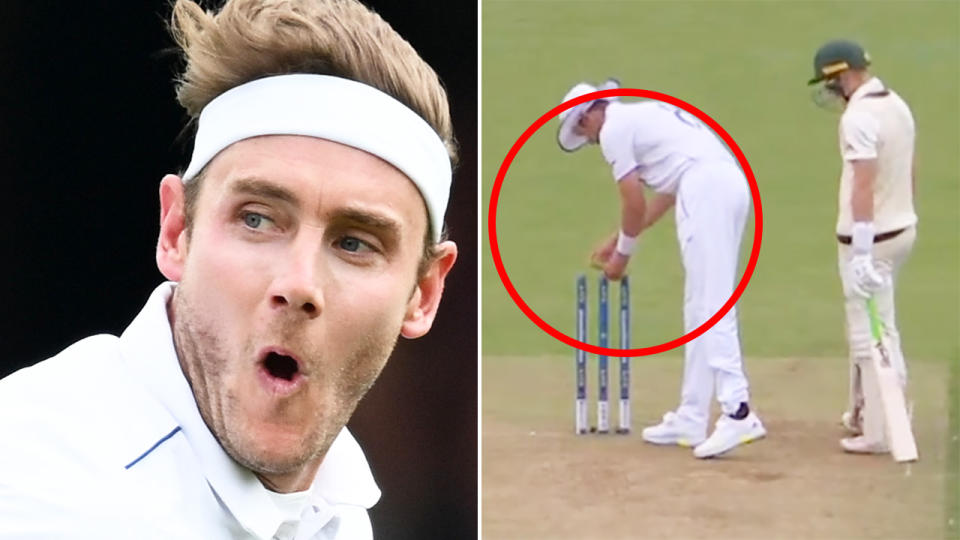 Stuart Broad is pictured left, with the moment he switch the bails on Marnus Labuschagne's stumps highlighted on the right.