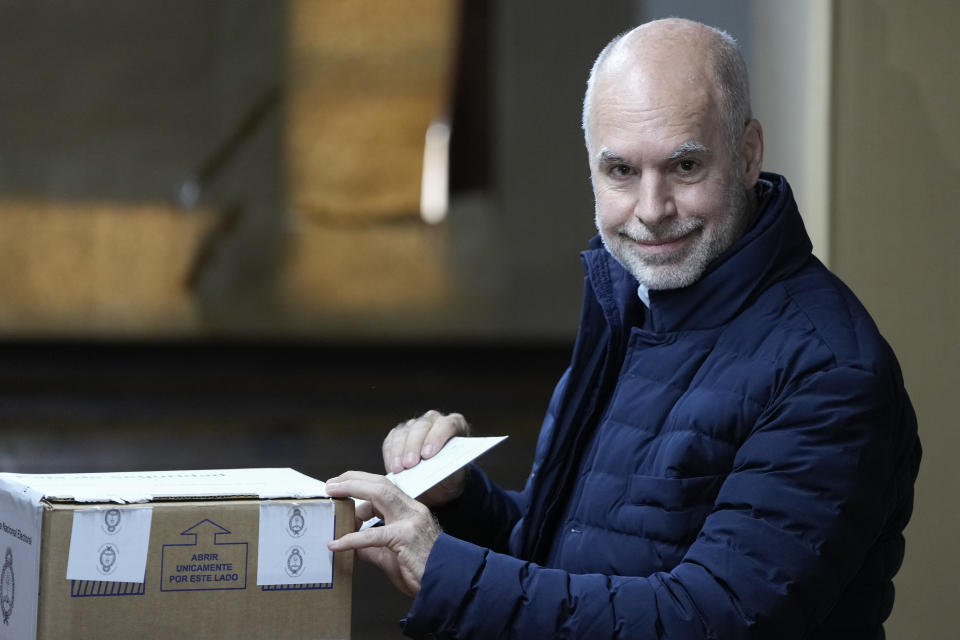 Presidential hopeful Horacio Rodríguez Larreta, with the United for Change coalition, votes during primary elections in Buenos Aires, Argentina, Sunday, Aug. 13, 2023. (AP Photo/Natacha Pisarenko)