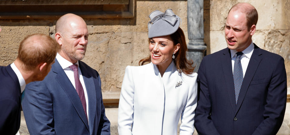 WINDSOR, UNITED KINGDOM - APRIL 21: (EMBARGOED FOR PUBLICATION IN UK NEWSPAPERS UNTIL 24 HOURS AFTER CREATE DATE AND TIME) Prince Harry, Duke of Sussex, Mike Tindall, Catherine, Duchess of Cambridge and Prince William, Duke of Cambridge attend the traditional Easter Sunday church service at St George's Chapel, Windsor Castle on April 21, 2019 in Windsor, England. Easter Sunday this year coincides with Queen Elizabeth II's 93rd birthday. (Photo by Max Mumby/Indigo/Getty Images)