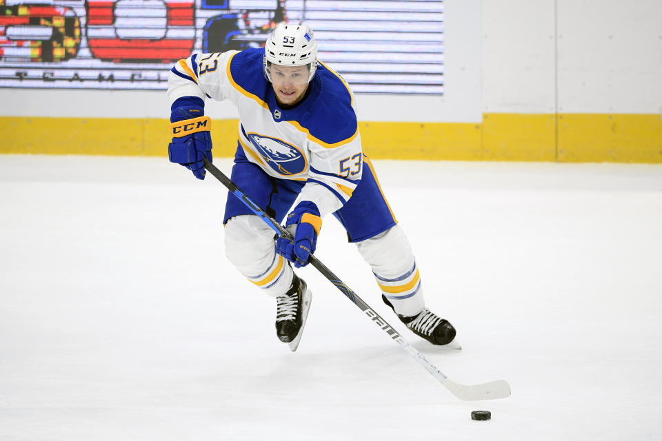 FILE - Buffalo Sabres left wing Jeff Skinner (53) skates with the puck during the second period of an NHL hockey game against the Washington Capitals in Washington, in this Sunday, Jan. 24, 2021, file photo. Buffalo coach Ralph Krueger still wasn’t ready to say whether high-priced forward Jeff Skinner will resume playing after a three-game benching. Except to say it's not a disciplinary issue, Krueger has declined to detail the reasons behind his decision regarding Skinner. (AP Photo/Nick Wass, File)