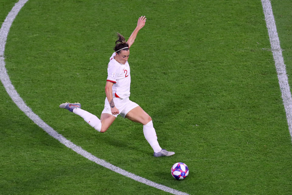 Lucy Bronze hammers in England's third goal. (Credit: Getty Images)