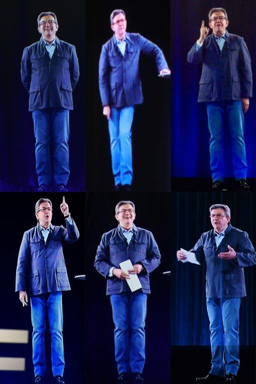 Far-left candidate Jean-Luc Melenchon appeared by hologram simultaneously in six cities while speaking from Dijon