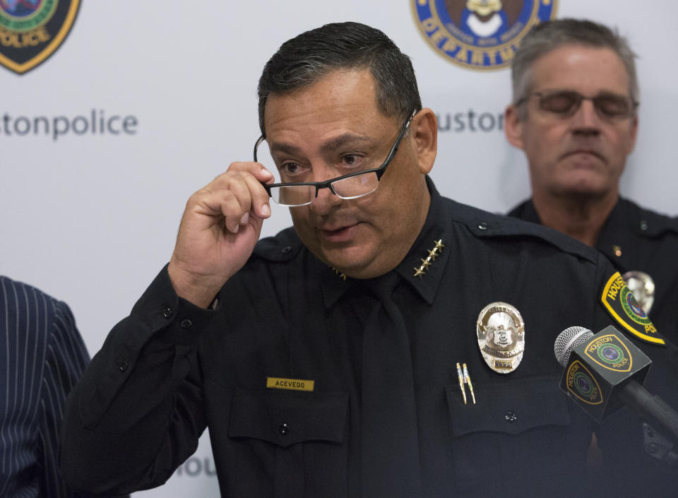 Houston Police Chief Art Acevedo speaks during a press conference, Friday, Sept. 13, 2019, in Houston. A Houston police officer was hospitalized in stable condition after he was shot in a struggle with a suspect who along with three others stole two vehicles and attempted to kill a priest in a crime spree that played out as Democratic presidential candidates debated just miles away, the city's police chief said Friday. (Yi-Chin Lee/Houston Chronicle via AP)