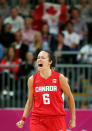 LONDON, ENGLAND - JULY 30: Shona Thorburn #6 of Canada celebrates after defeating Great Britain in the Women's Basketball Preliminary Round match on Day 3 at Basketball Arena on July 30, 2012 in London, England. (Photo by Christian Petersen/Getty Images)