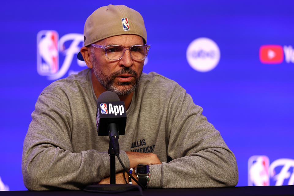 BOSTON, MASSACHUSETTS - JUNE 05: Dallas Mavericks head coach Jason Kidd speaks to the media during the 2024 NBA Finals Media Day at TD Garden on June 05, 2024 in Boston, Massachusetts.  (Photo by Maddie Meyer/Getty Images)