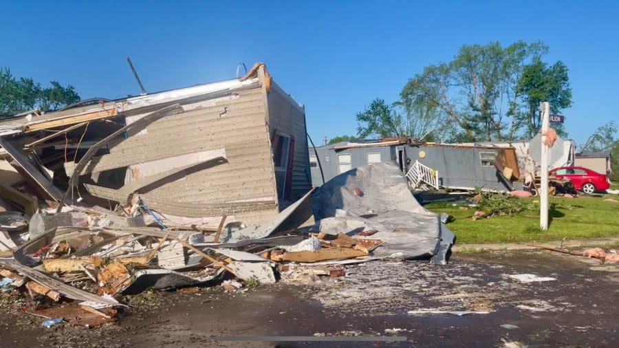 Storm damage at the Pavilion Estates near Portage on May 8, 2024.