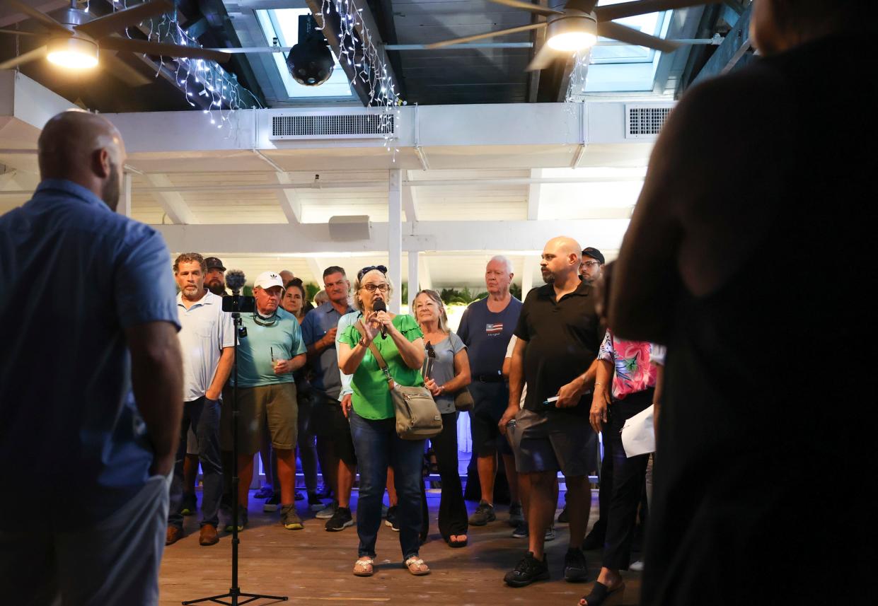 More than 150 concerned residents meet at Pirates Cove Resort and Marina on Thursday, Sept. 14, 2023, in Port Salerno to meet each other and form a united front to control the growth possibly coming to the enclave. The front is led by the group Save Our Salerno.
