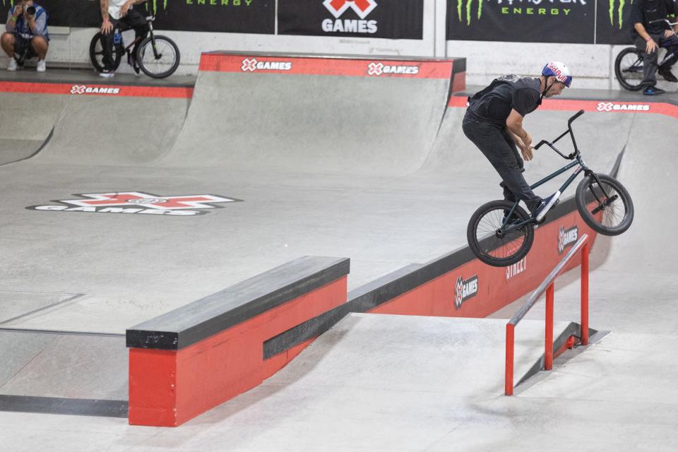 Garrett Reynolds competes during the BMX Street Finals at the 2022 X Games at the California Rampworks Training Facility in Vista, California.