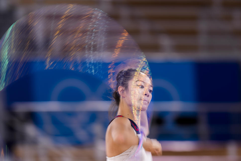 Laura Zeng of the United States performs during a rhythmic gymnastics individual training session at the 2020 Summer Olympics, Thursday, Aug. 5, 2021, in Tokyo, Japan. (AP Photo/Markus Schreiber)