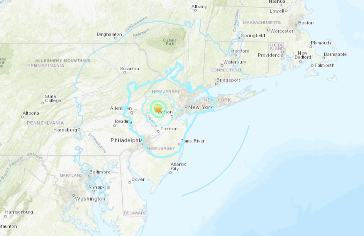 Map shows area affected by a 4.7 earthquake, centered in New Jersey, on April 5. 2024. / Credit: USGS