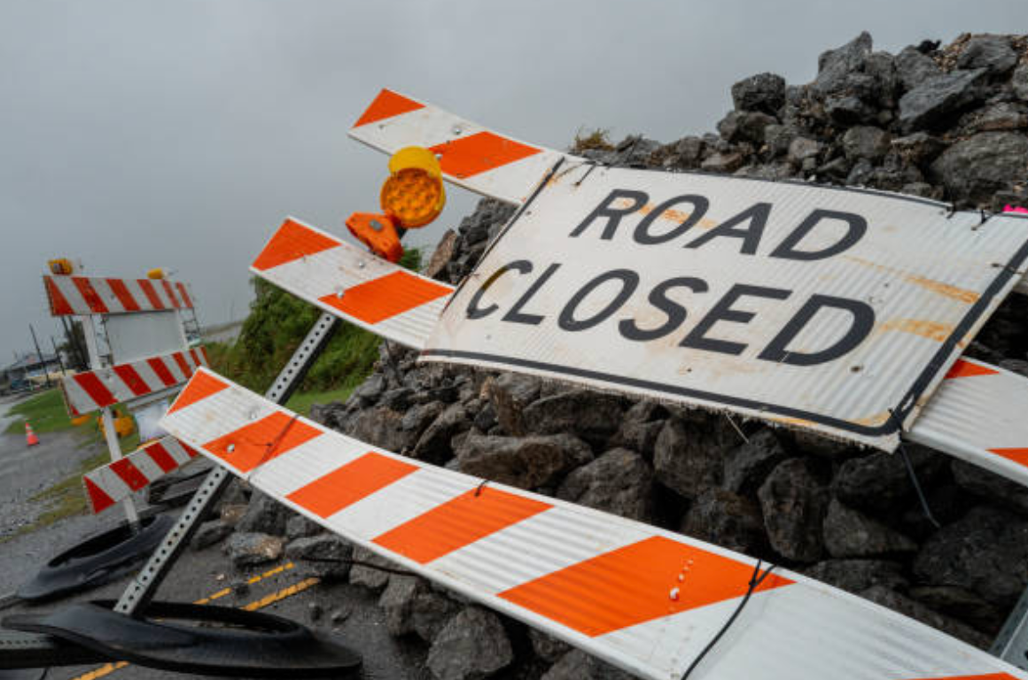 A road is pictured blocked off in Dulac, Louisiana, ahead of Hurricane Francine's arrival.