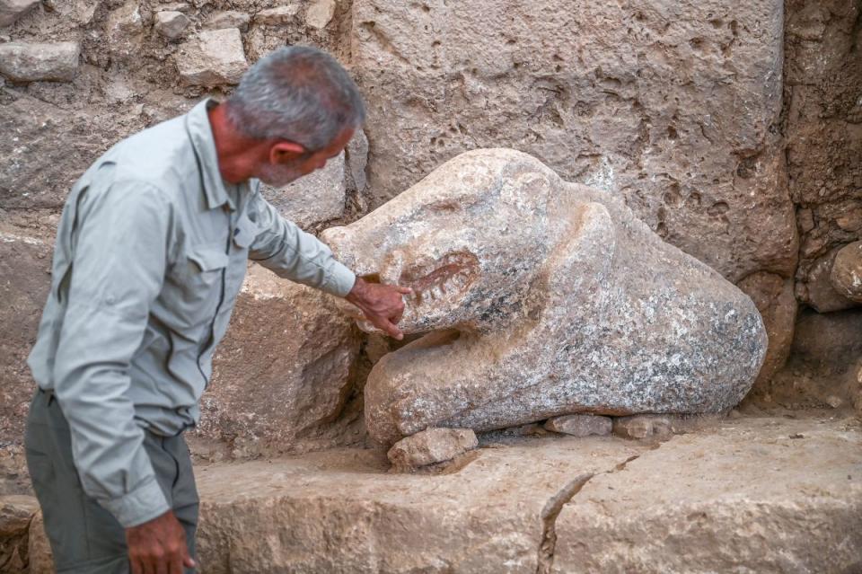 Professor and director of the department of prehistory at Istanbul University Necmi Karul shows the 1.20 m long, 70 cm high newly found polychrome wild boar at the archaeological site of Gobeklitepe, southeastern Turkey on October 9, 2023. With its red eyes and teeth and black-and-white body, this 11,000-year-old wild pig is "the first colored sculpture from this period discovered to date."<p>OZAN KOSE/Getty Images</p>