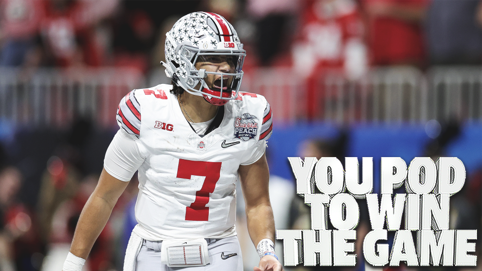 ATLANTA, GEORGIA - DECEMBER 31: C.J. Stroud #7 of the Ohio State Buckeyes reacts after a touchdown during the second quarter against the Georgia Bulldogs in the Chick-fil-A Peach Bowl at Mercedes-Benz Stadium on December 31, 2022 in Atlanta, Georgia. (Photo by Carmen Mandato/Getty Images)