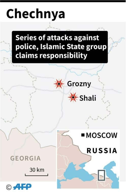 Map locating Grozny and Shali in the Russian republic of Chechnya where IS group claimed responsibity for attacks on police