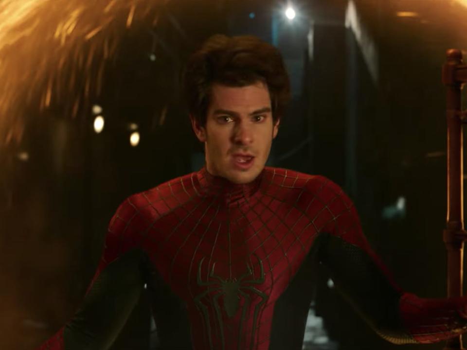 Andrew Garfield's version of Spider-Man emerging from a portal in "Spider-Man: No Way Home."