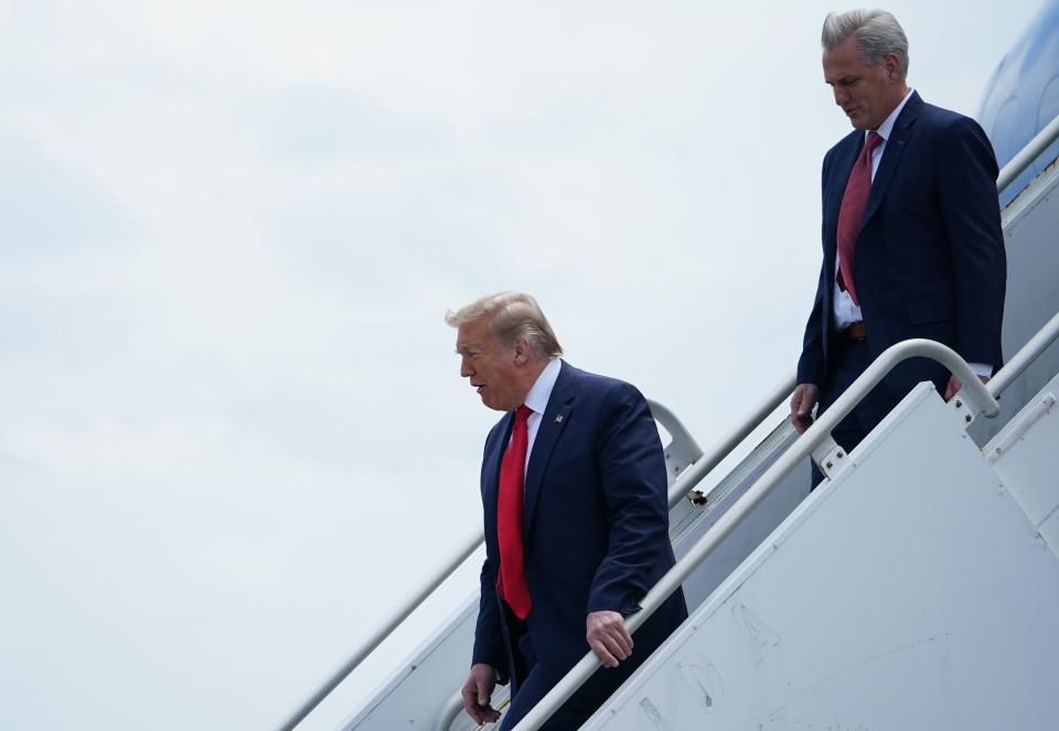 President Donald Trump and House Republican leader Kevin McCarthy arrive at Cape Canaveral, Florida on May 30, 2020.