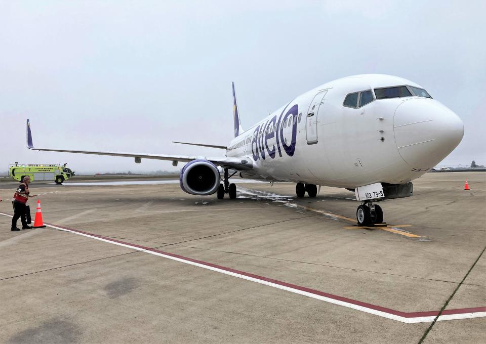 Avelo Airlines' inaugural Redding-to-Las Vegas flight was celebrated under foggy skies at Redding Municipal Airport on Thursday, Jan. 6, 2022.