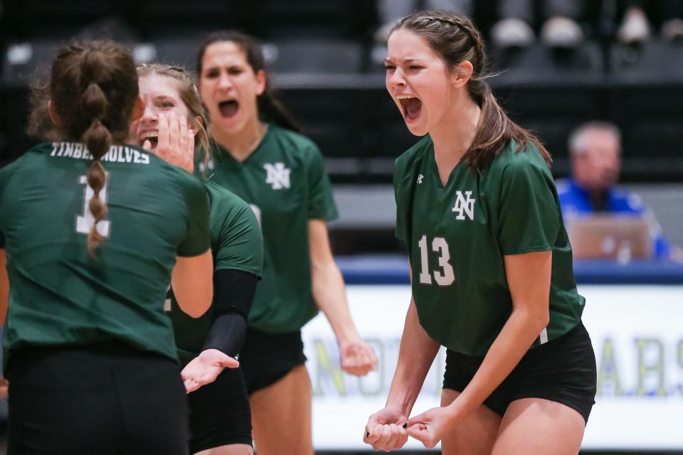 Norman North's Parker Gladhill (13) celebrates during the Oklahoma high school Class 6A volleyball state tournament quarterfinals between Norman North High School and Bixby High School at Noble High School in Noble on Thursday, Oct. 20, 2022.