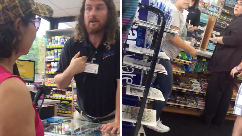 An employee at a Buckys convenience store pictured chastising an employee over race. Source: Facebook.